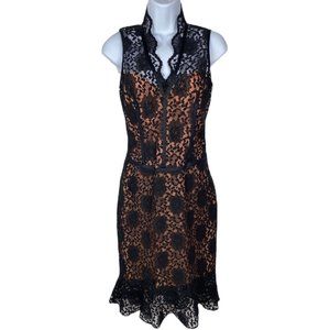 Laundry Shelli Segal Black Lace Cocktail Dress Illusion Neck Trumpet Mermaid